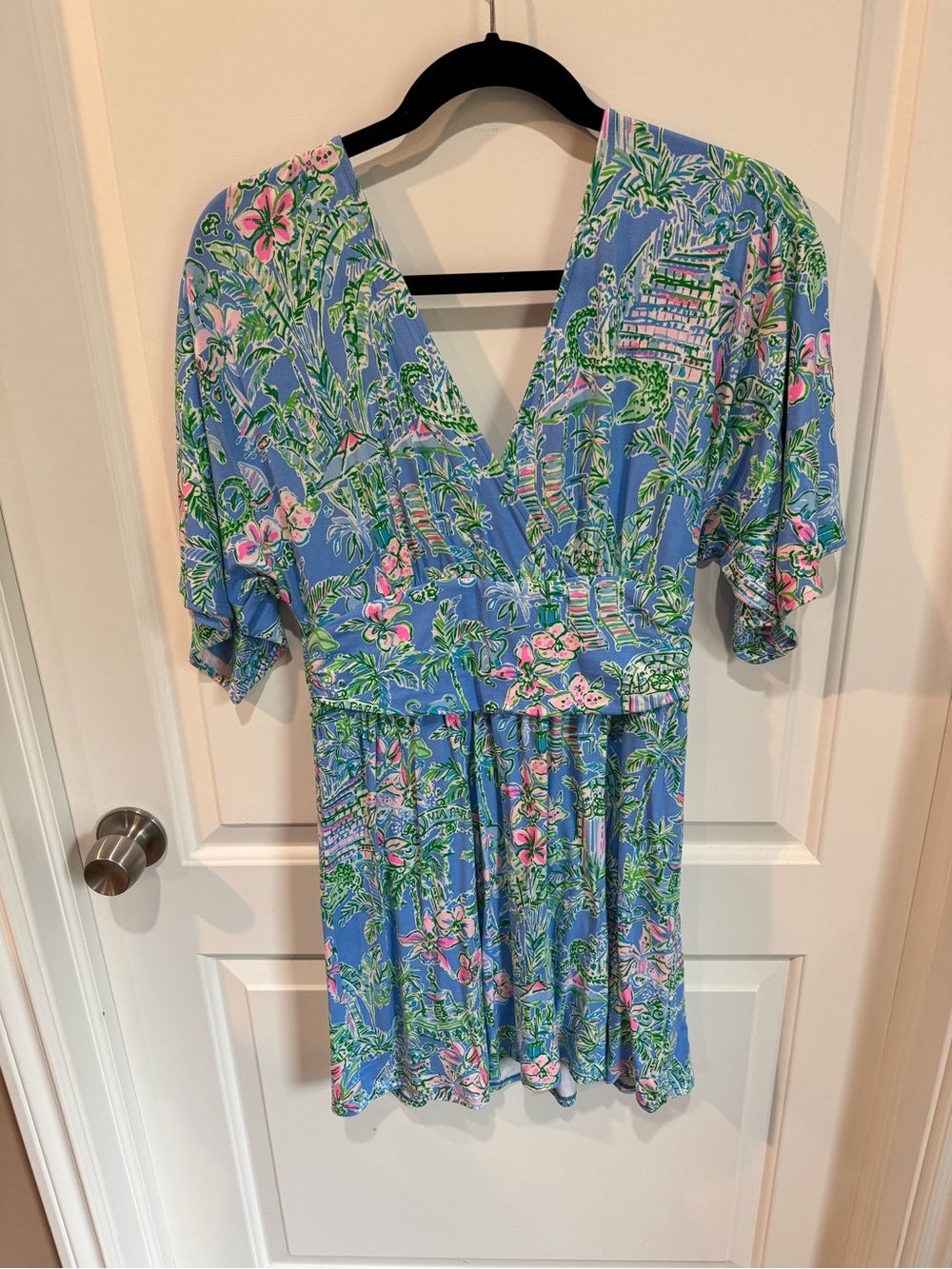 Lilly Pulitzer Blue Floral Wrap Dress with Pink & Green Print